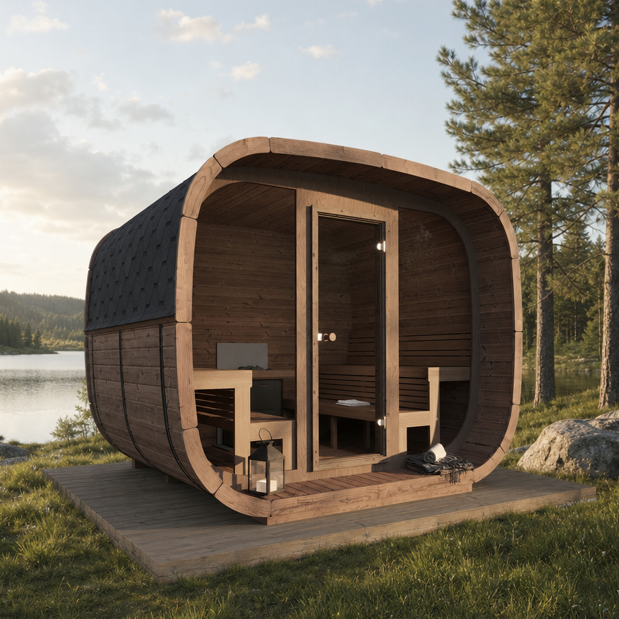 Cube Sauna Cubus Premium — Full Front Glass Thermowood, Premium Spec — lifestyle