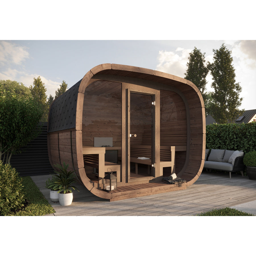 Cube Sauna Cubus Premium — Full Front Glass Thermowood, Premium Spec — lifestyle