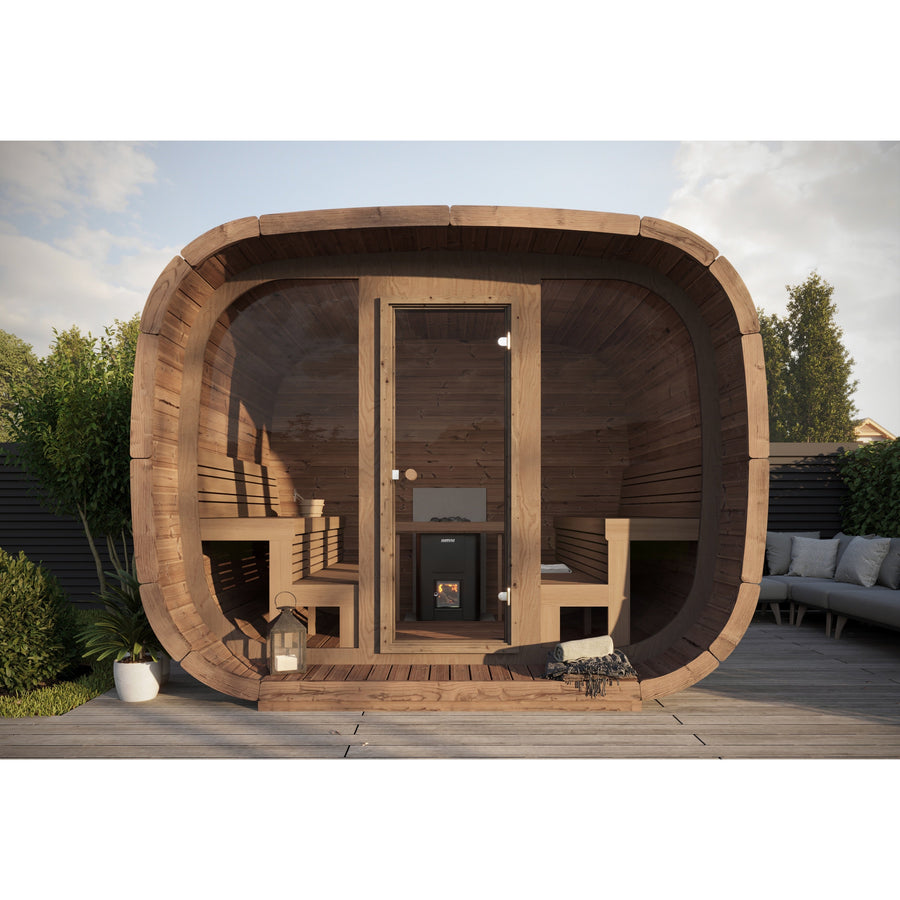 Cube Sauna Cubus Premium — Full Front Glass Thermowood, Premium Spec — lifestyle