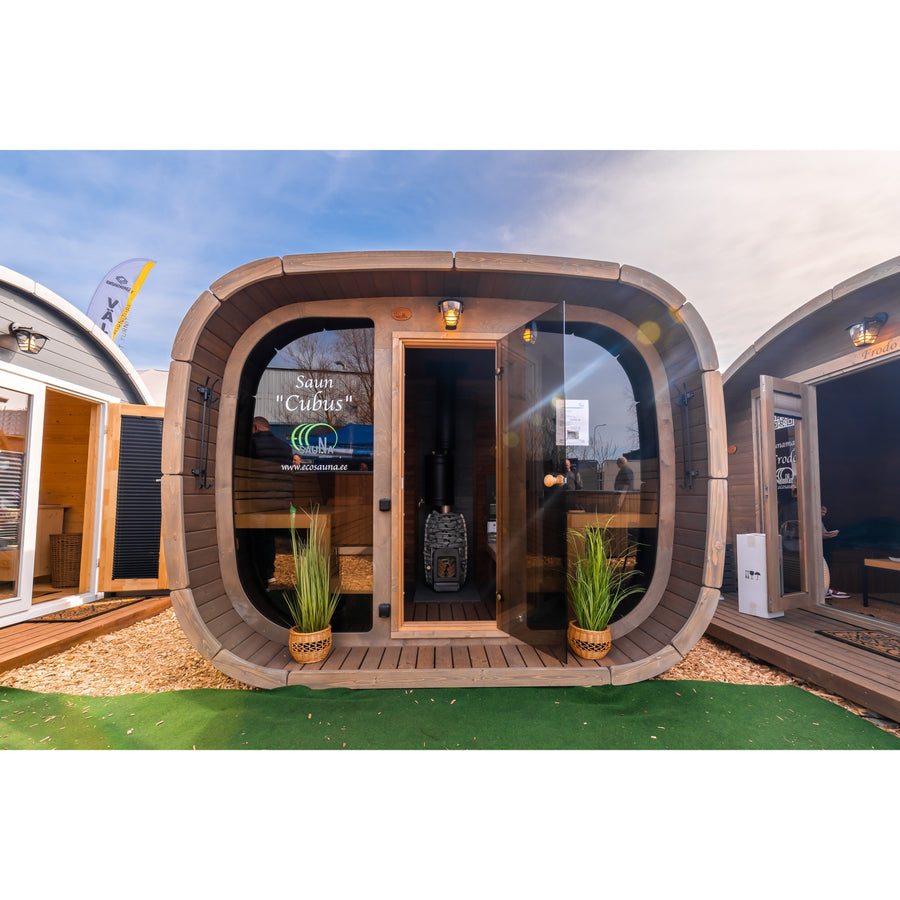 Cube Sauna Cubus Premium — Full Front Glass Thermowood, Premium Spec — lifestyle
