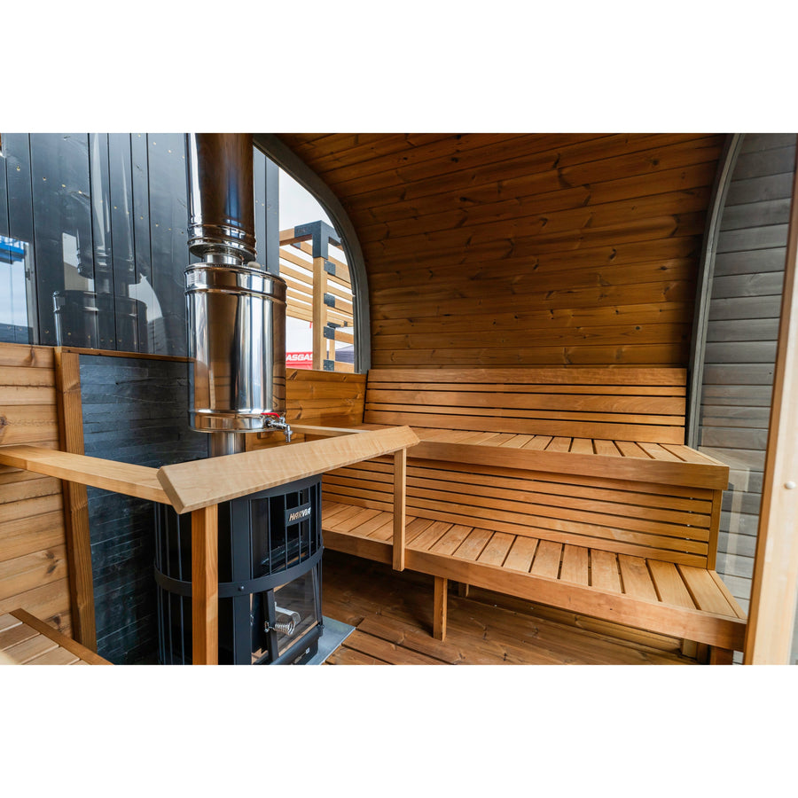 Cube Sauna Cubus Premium — Full Front Glass Thermowood, Premium Spec — lifestyle