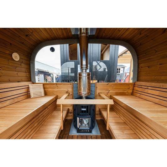 Cube Sauna Cubus Premium — Full Front Glass Thermowood, Premium Spec — lifestyle