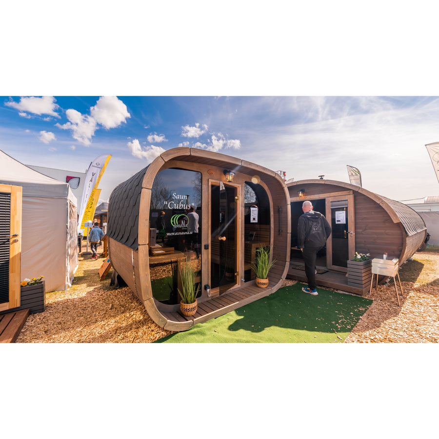Cube Sauna Cubus Premium — Full Front Glass Thermowood, Premium Spec — lifestyle