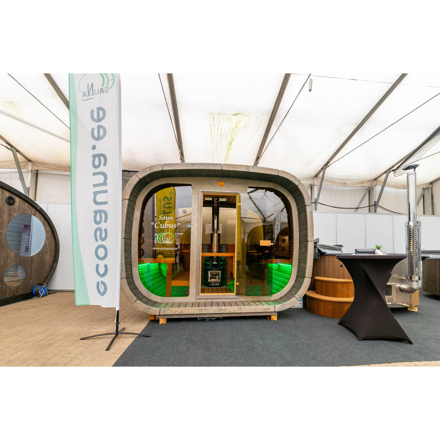 Cube Sauna Cubus Premium — Full Front Glass Thermowood, Premium Spec — lifestyle