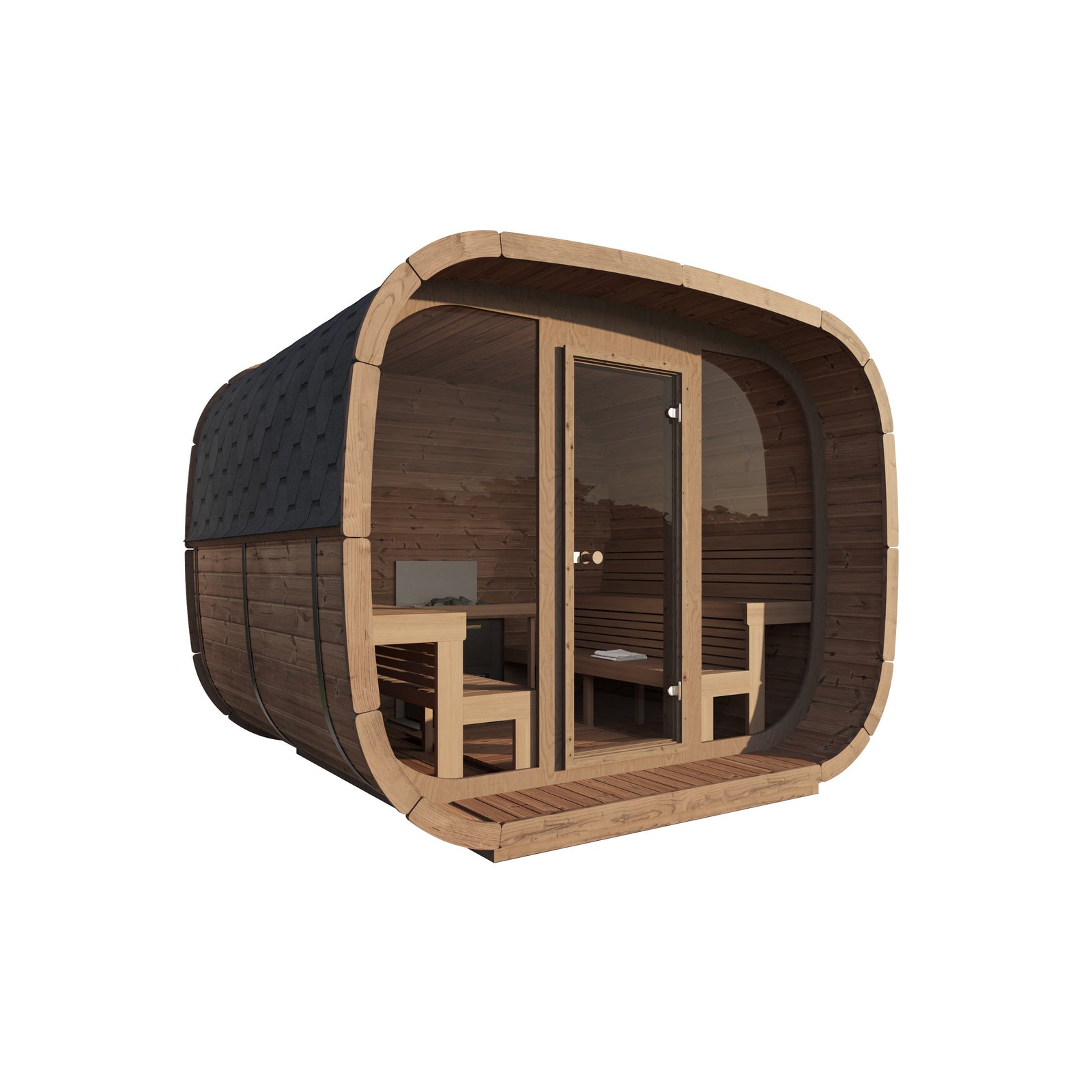 Cube Sauna Cubus Premium — Full Front Glass Thermowood, Premium Spec — thermowood — front view 1