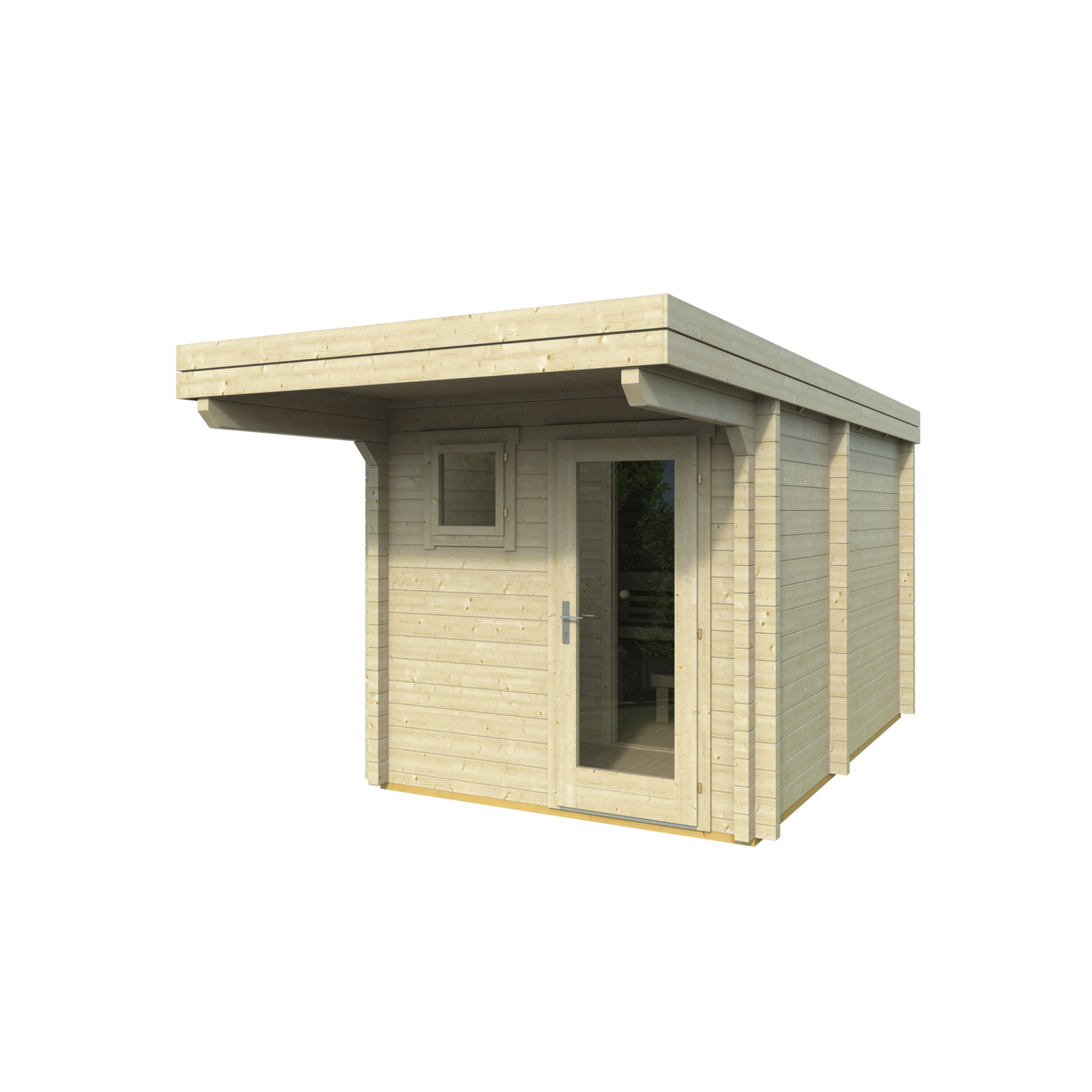Sauna Eero — Flat Roof with Entrance Overhang — spruce — angle view 1
