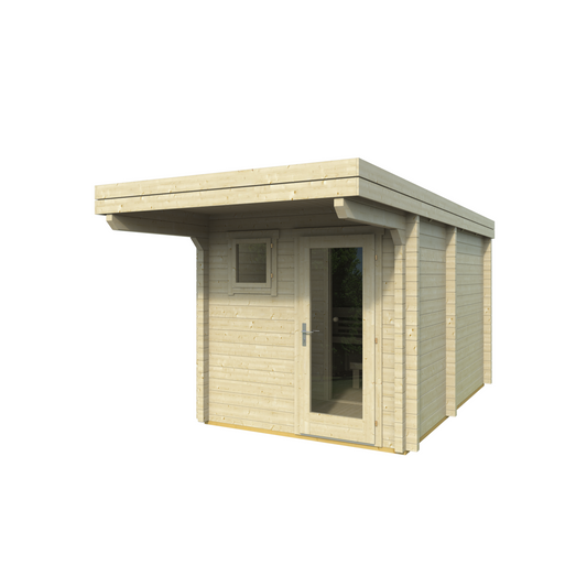 Sauna Eero — Flat Roof with Entrance Overhang — spruce — angle view 1