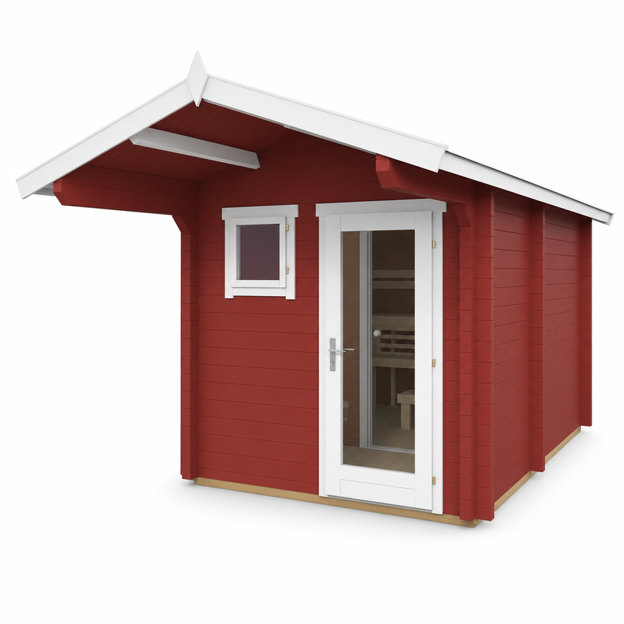 Sauna Eero — Pitched Roof with Entrance Overhang — painted finish option — angle view 1