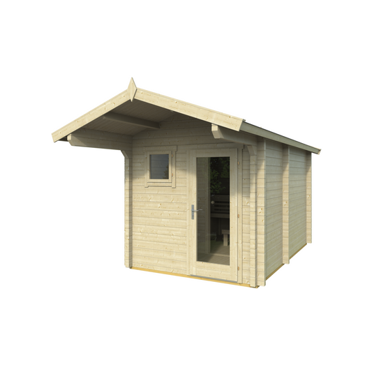 Sauna Eero — Pitched Roof with Entrance Overhang — spruce — angle view 1