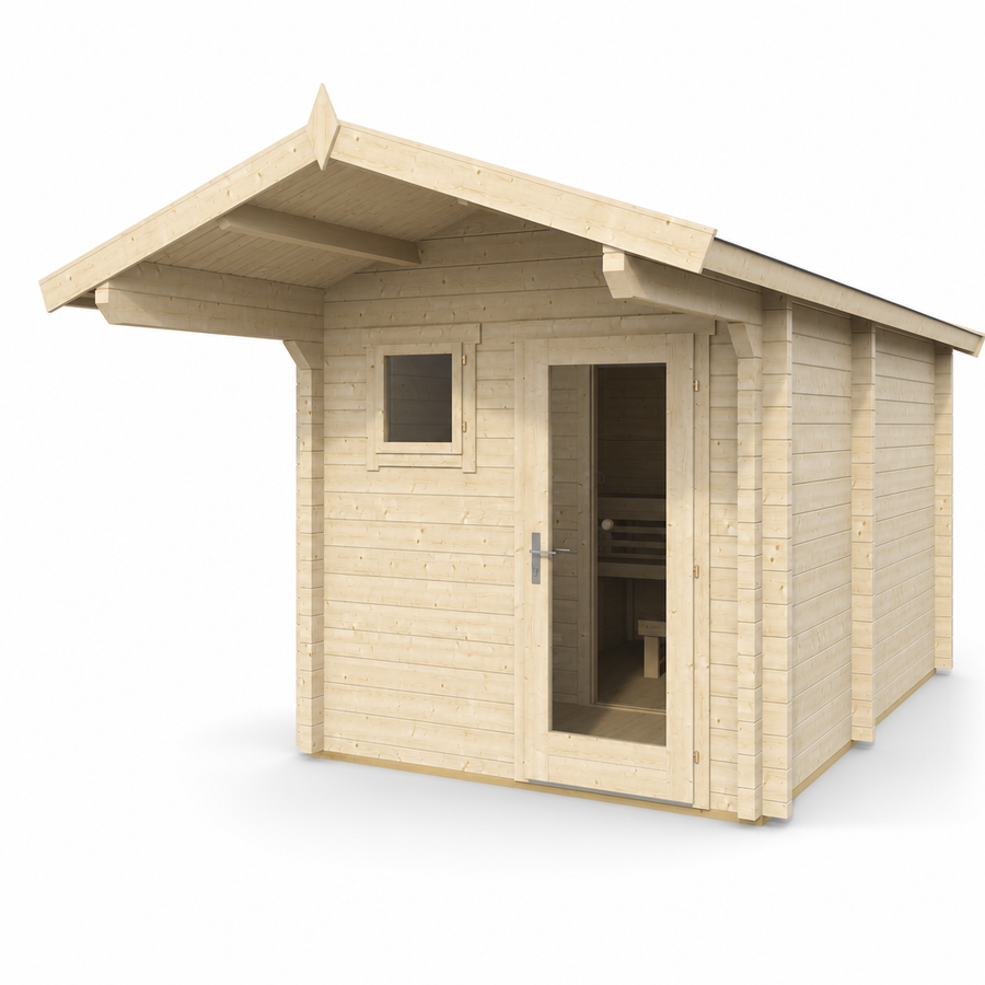 Sauna Eero — Pitched Roof with Entrance Overhang — spruce — angle view 2