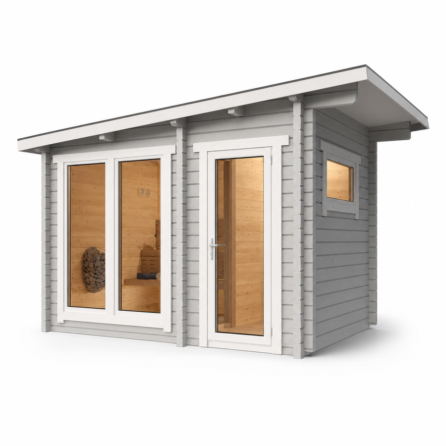 Multiroom Log Sauna Higi XL — 45mm Spruce Family Sauna, 6.6m² — painted finish option — angle view 1