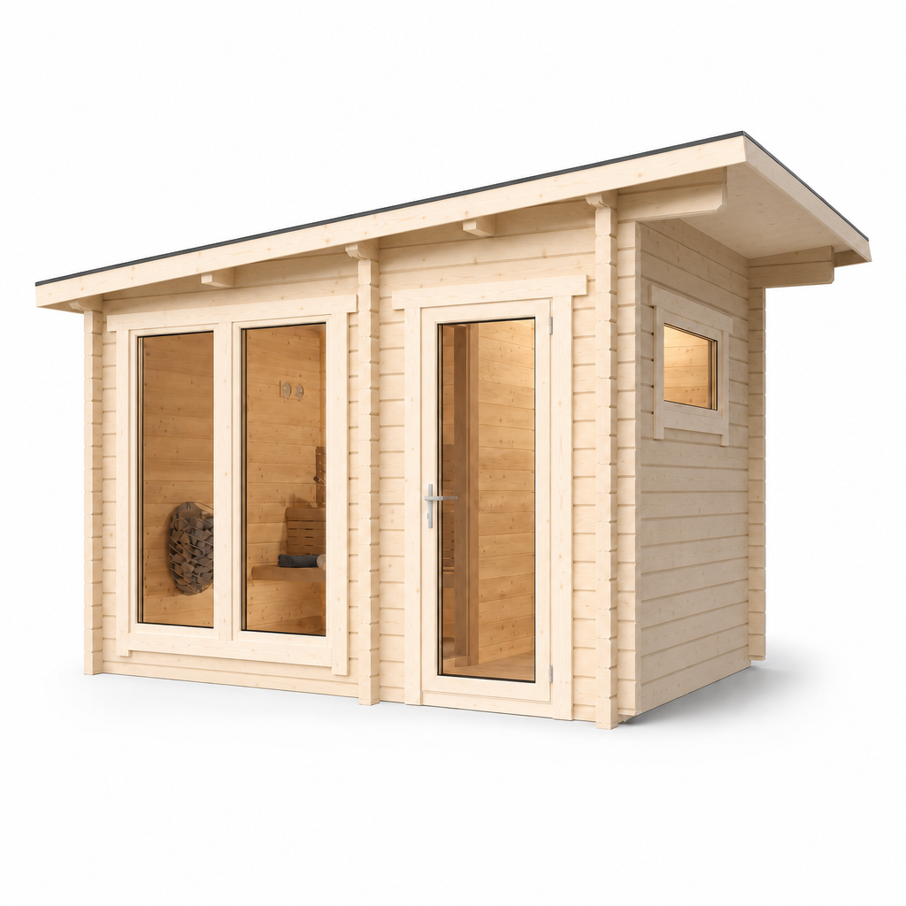 Multiroom Log Sauna Higi XL — 45mm Spruce Family Sauna, 6.6m² — spruce — angle view 1