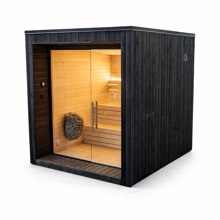 Modular Cube Garden Sauna Lumi — Painted Black, 3.3m² — painted — angle view 1