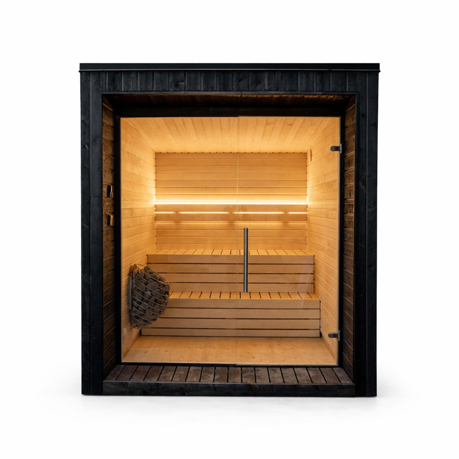 Modular Cube Garden Sauna Lumi — Painted Black, 3.3m² — painted — front view 1