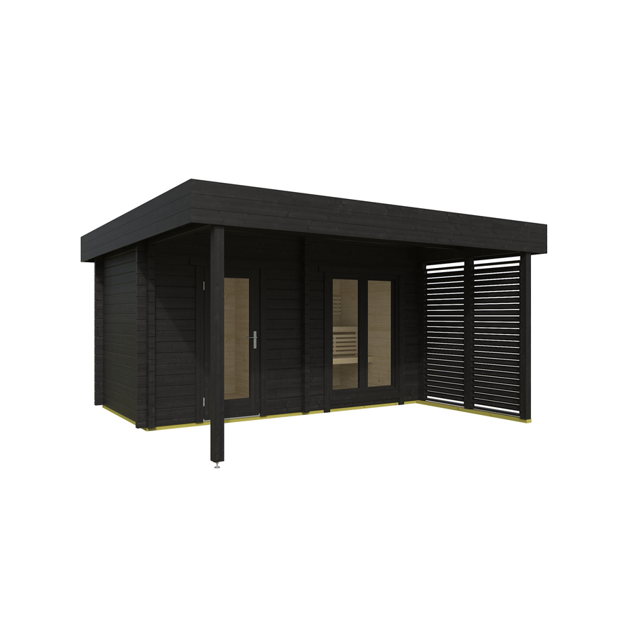 Multiroom Log Sauna Magnus — 70mm Spruce Family Sauna, Glass Front 8m² — painted finish option — angle view 1