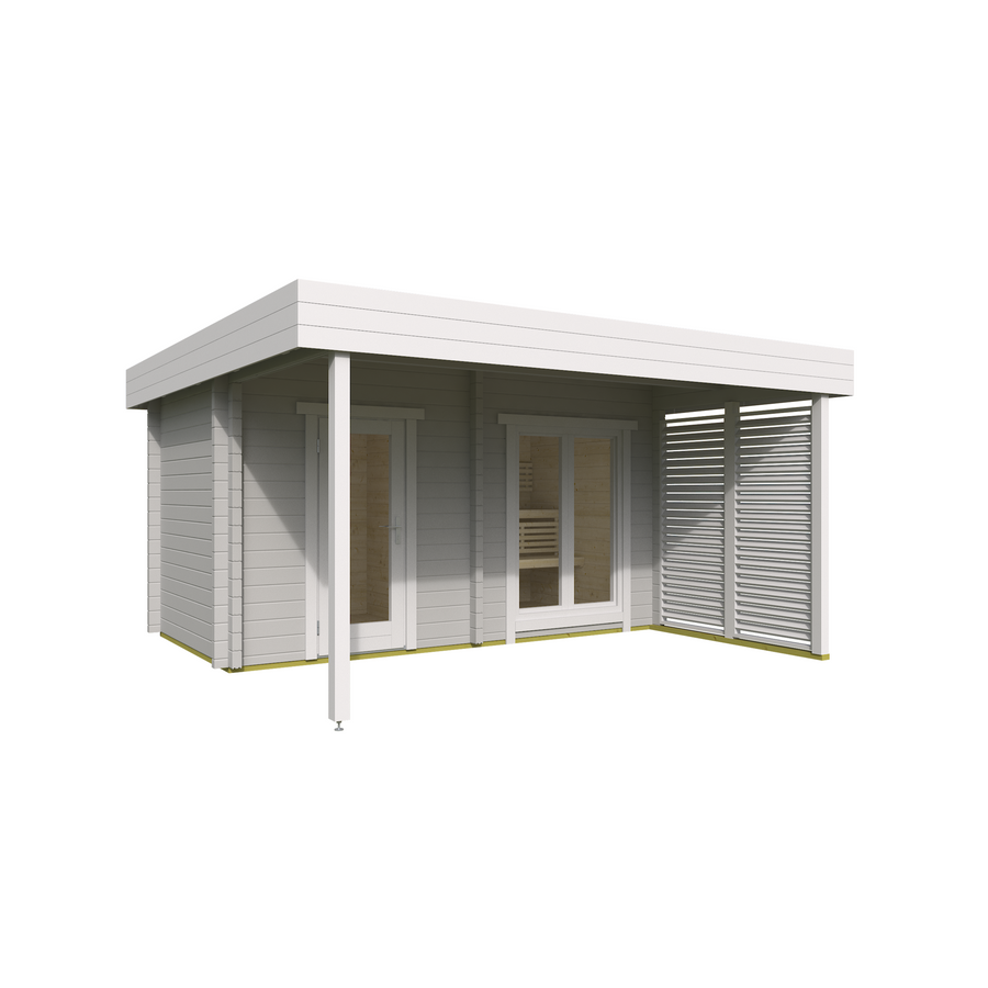 Multiroom Log Sauna Magnus — 70mm Spruce Family Sauna, Glass Front 8m² — painted finish option — angle view 2