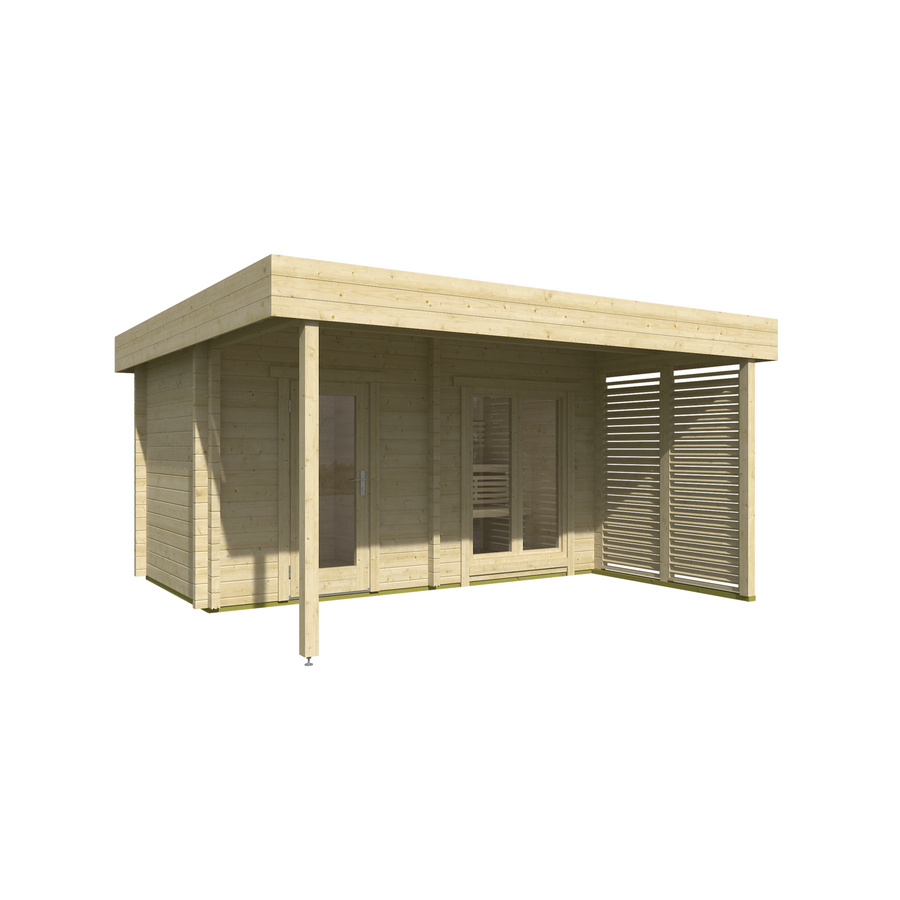Multiroom Log Sauna Magnus — 70mm Spruce Family Sauna, Glass Front 8m² — spruce — angle view 1
