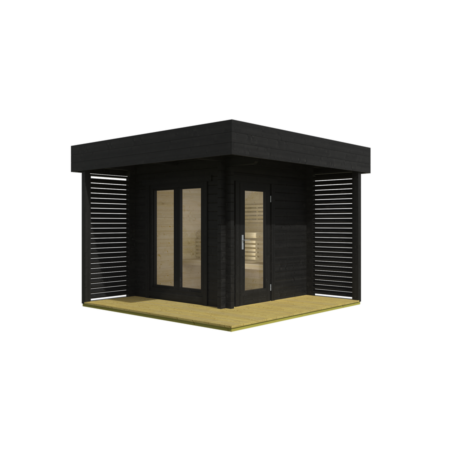 Log Sauna Mattias — 70mm Spruce Sauna with Terrace Interior, 2-3 Person — painted finish option — angle view 1