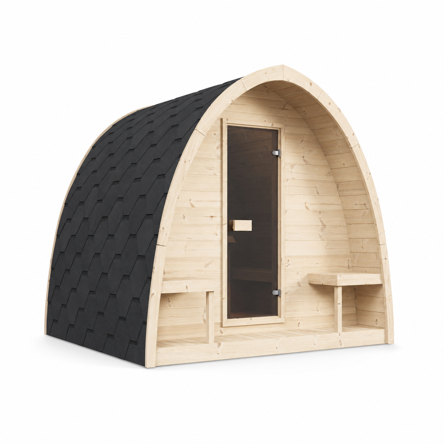 Outdoor Sauna Pod 220 — Arched Spruce Garden Sauna, Glass Door 2.2m — spruce — angle view 1
