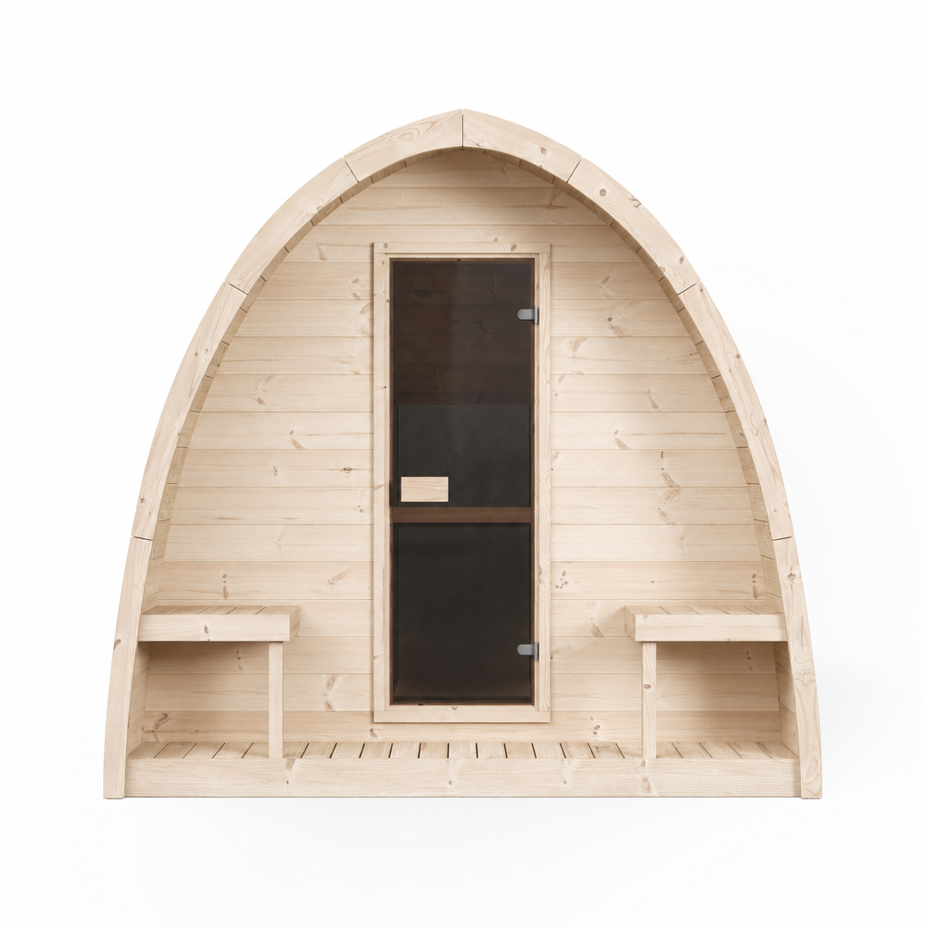 Outdoor Sauna Pod 220 — Arched Spruce Garden Sauna, Glass Door 2.2m — spruce — front view 1