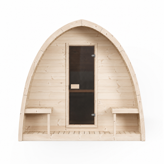 Outdoor Sauna Pod 220 — Arched Spruce Garden Sauna, Glass Door 2.2m — spruce — front view 1