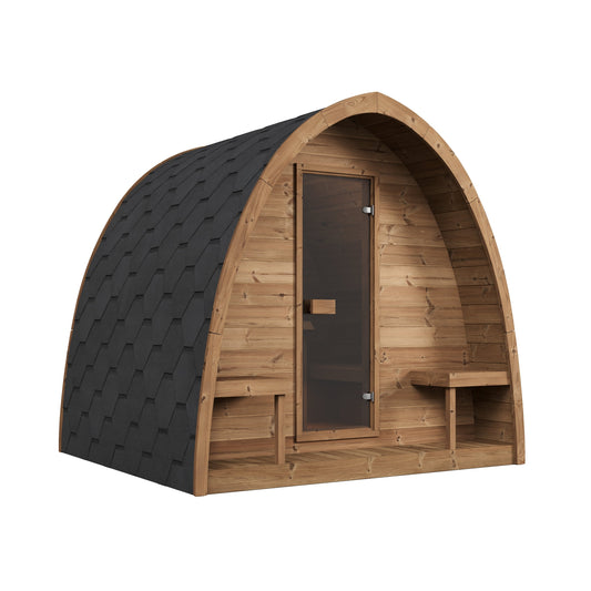Outdoor Sauna Pod 220 — Arched Thermowood Sauna, Glass Door 2.2m — thermowood — angle view 1