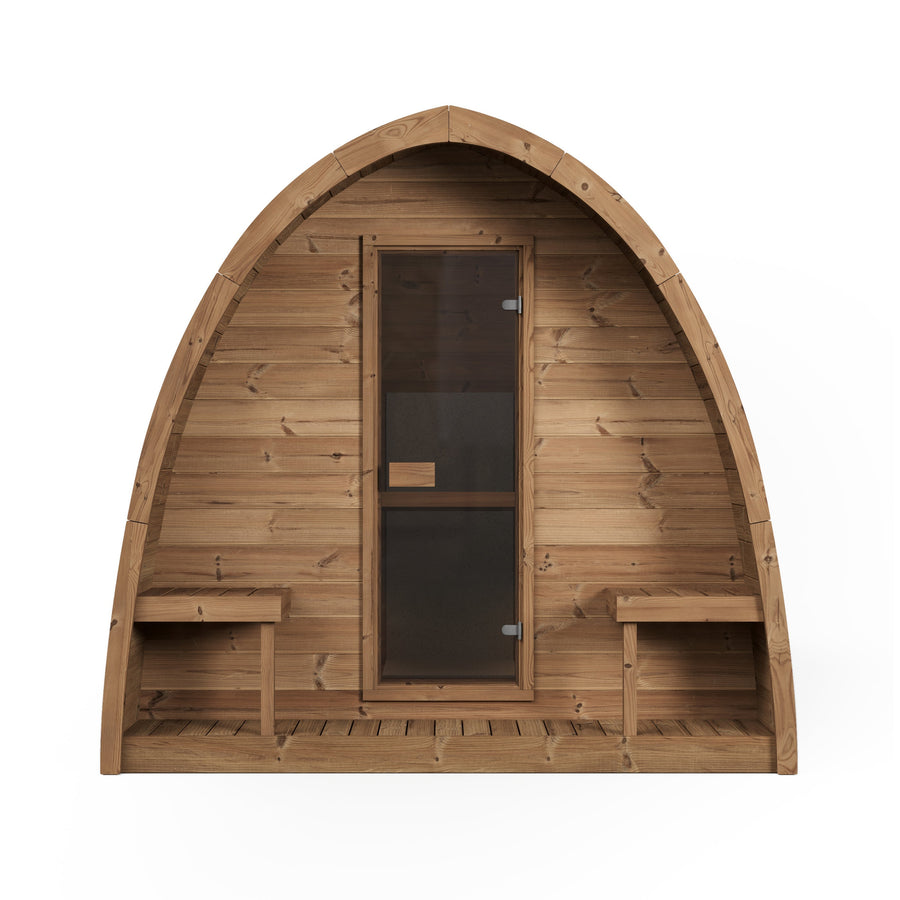 Outdoor Sauna Pod 220 — Arched Thermowood Sauna, Glass Door 2.2m — thermowood — front view 1