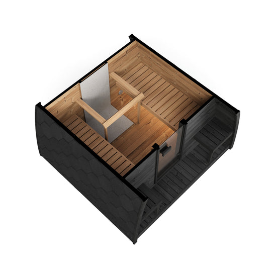 Outdoor Sauna Pod 220 — Arched Thermowood Sauna, Glass Door 2.2m — thermowood — side view 1