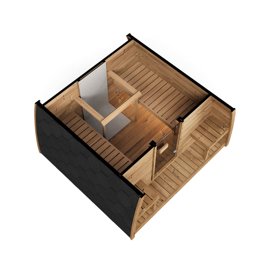 Outdoor Sauna Pod 220 — Arched Thermowood Sauna, Glass Door 2.2m — thermowood — side view 3