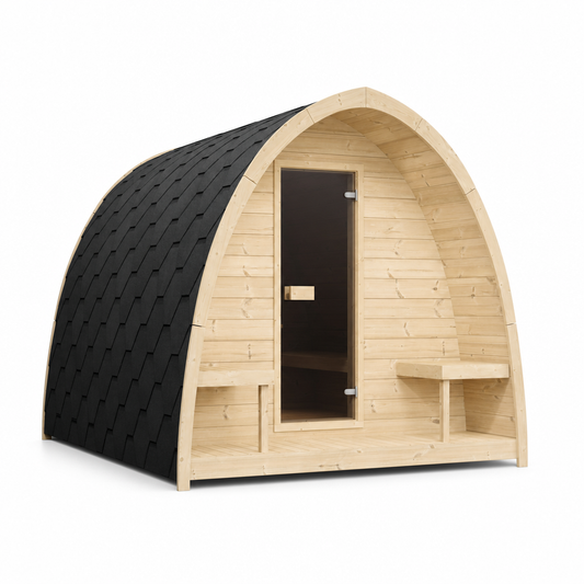 Outdoor Sauna Pod 300 — Arched Spruce Garden Sauna, Glass Door 3m — spruce — angle view 1