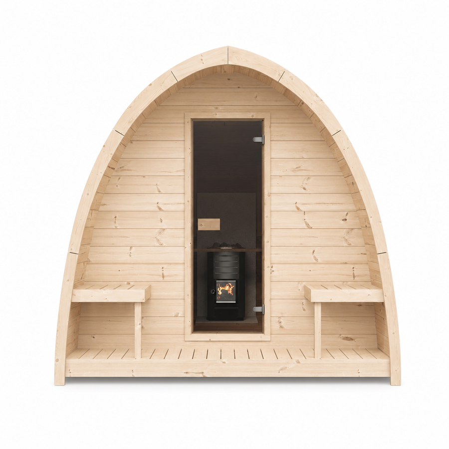 Outdoor Sauna Pod 300 — Arched Spruce Garden Sauna, Glass Door 3m — spruce — front view 1