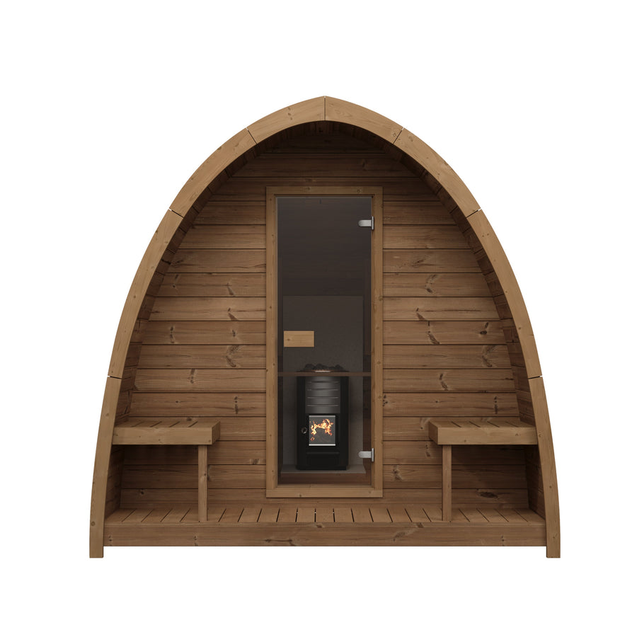 Outdoor Sauna Pod 300 — Arched Thermowood Sauna, Glass Door 3m — thermowood — front view 1