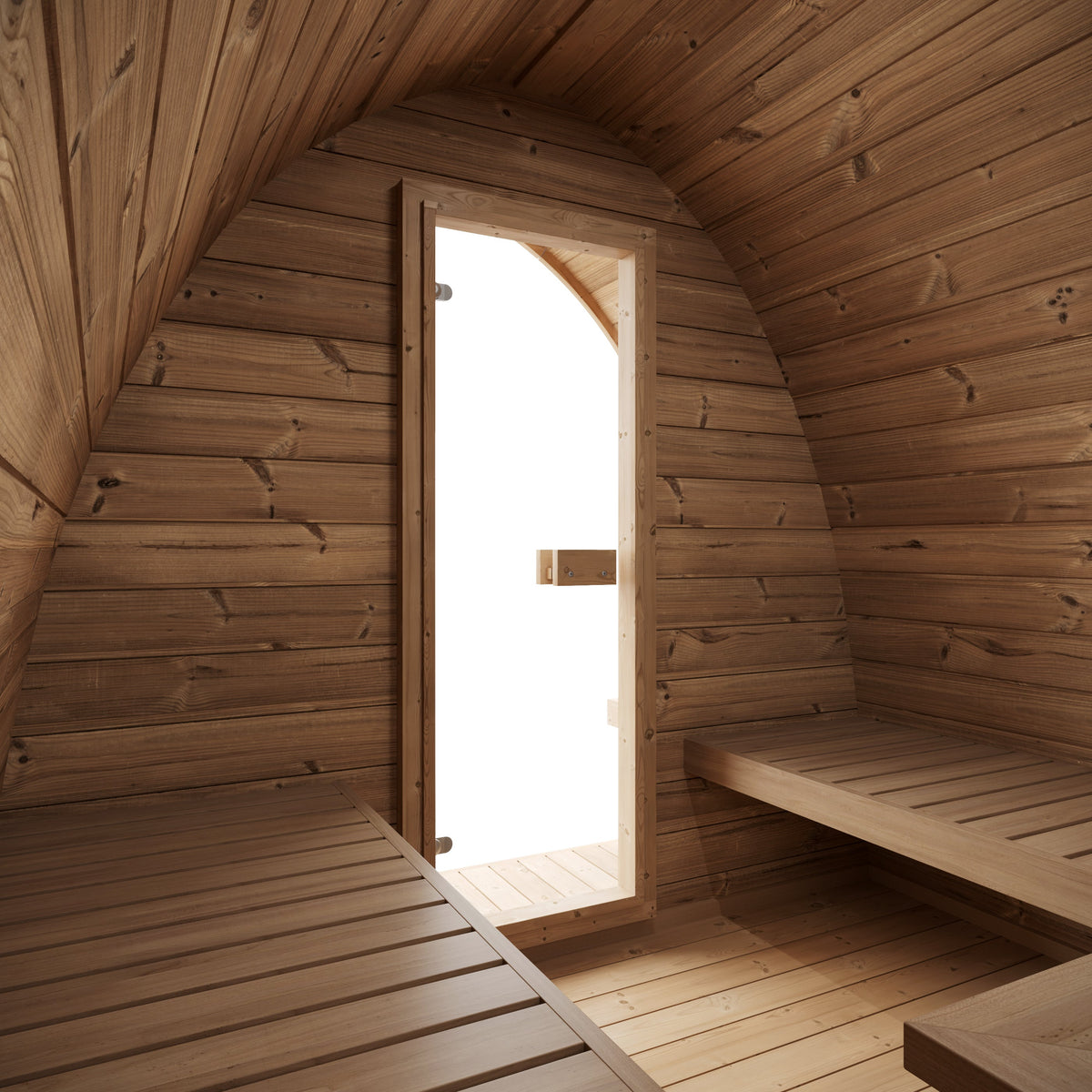Outdoor Sauna Pod 300 — Arched Thermowood Sauna, Glass Door 3m — thermowood — side view 2