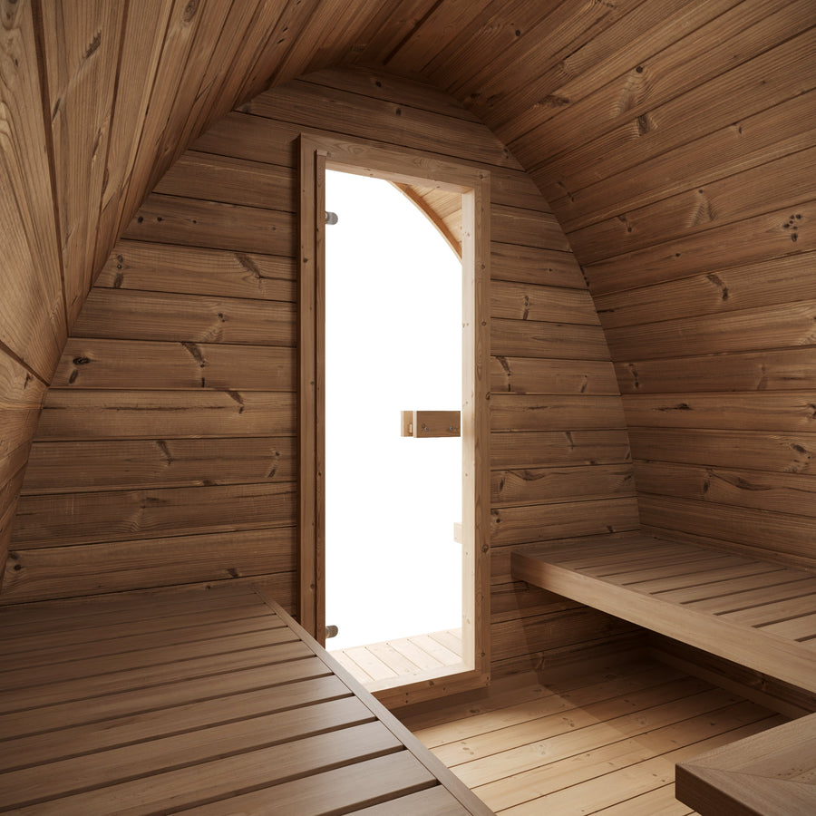 Outdoor Sauna Pod 300 — Arched Thermowood Sauna, Glass Door 3m — thermowood — side view 2