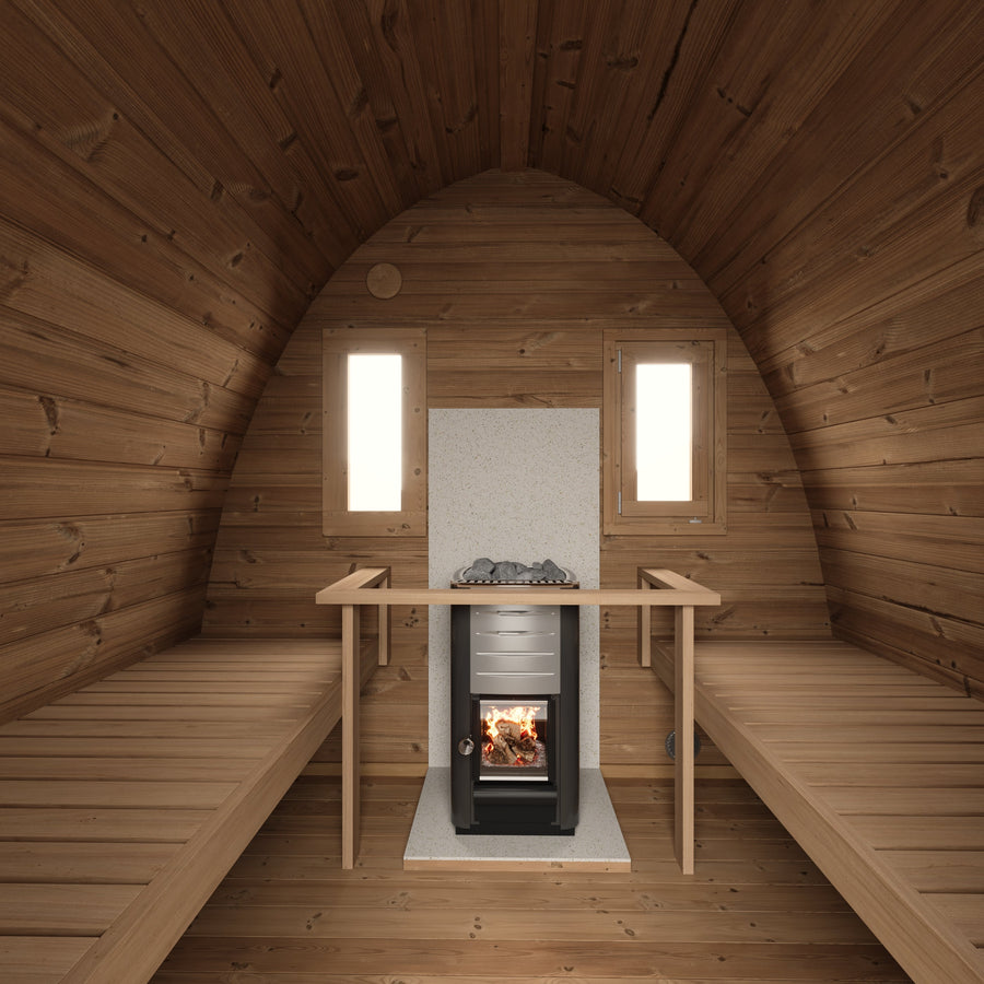Outdoor Sauna Pod 300 — Arched Thermowood Sauna, Glass Door 3m — thermowood — side view 3