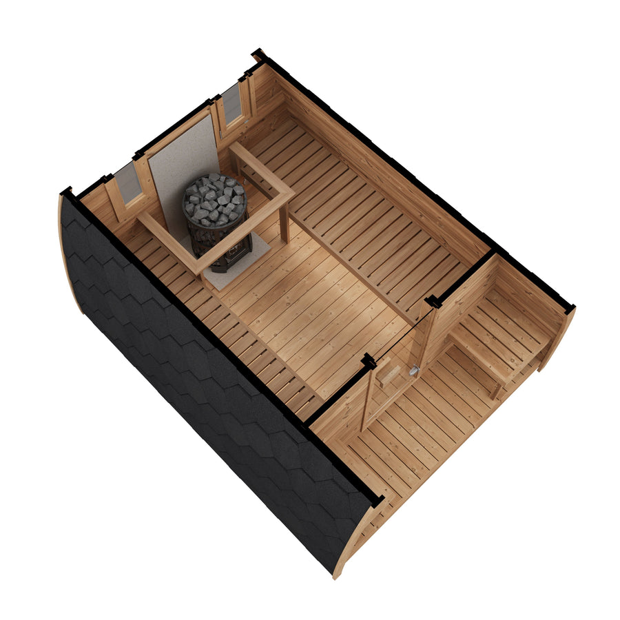 Outdoor Sauna Pod 300 — Arched Thermowood Sauna, Glass Door 3m — thermowood — side view 4
