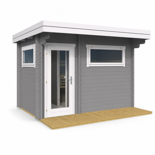 Sauna Timo — Flat Roof with Entrance Overhang — painted finish option — angle view 1