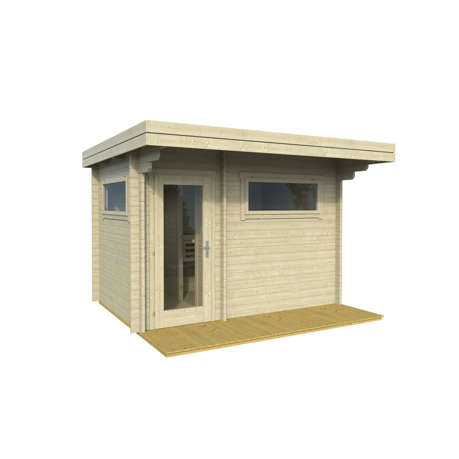 Sauna Timo — Flat Roof with Entrance Overhang — spruce — angle view 1