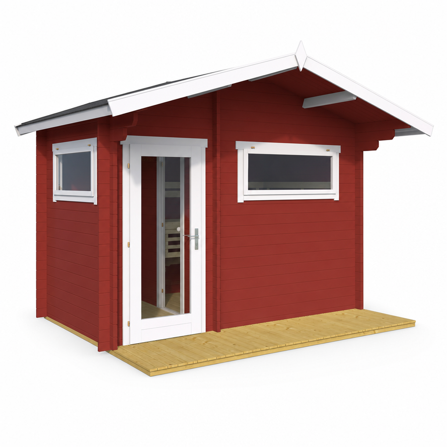 Sauna Timo — Pitched Roof with Entrance Overhang — painted finish option — angle view 1