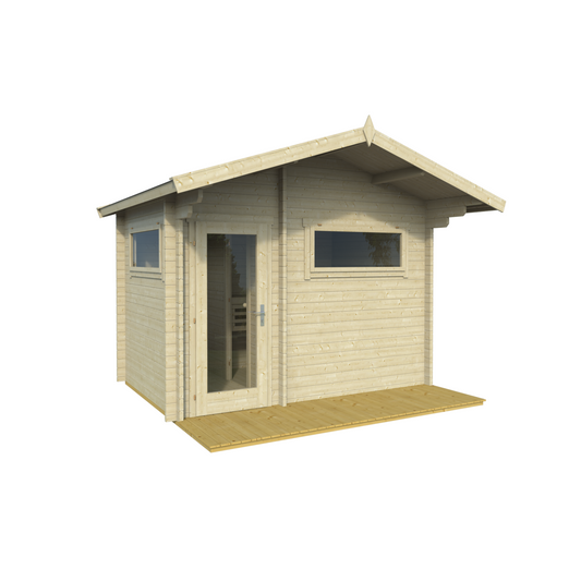 Sauna Timo — Pitched Roof with Entrance Overhang — spruce — angle view 1