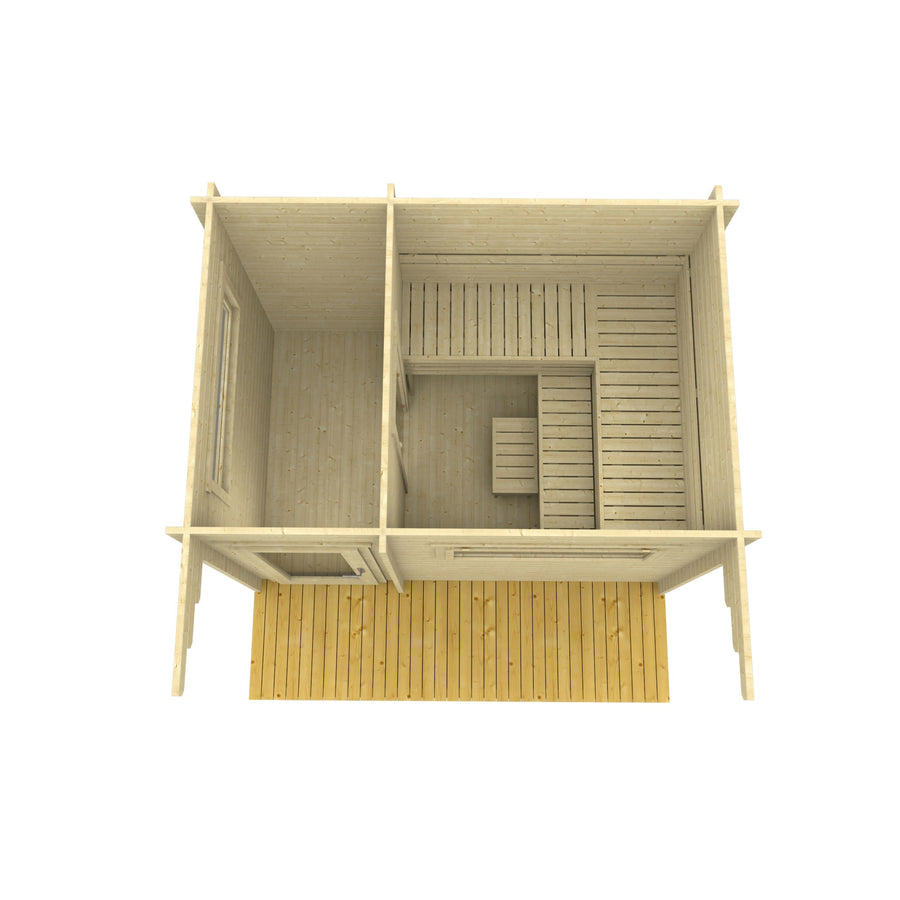Sauna Timo — Pitched Roof with Entrance Overhang — spruce — side view 1