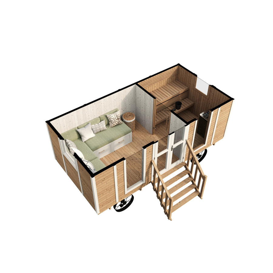 Mobile Sauna Wagon — Towable Solid Spruce Outdoor Sauna, 10.9m² — spruce — side view 1