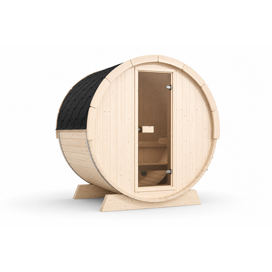Terrace Barrel Sauna — Spruce Garden Sauna for Decking, 1.6m — spruce — angle view 1