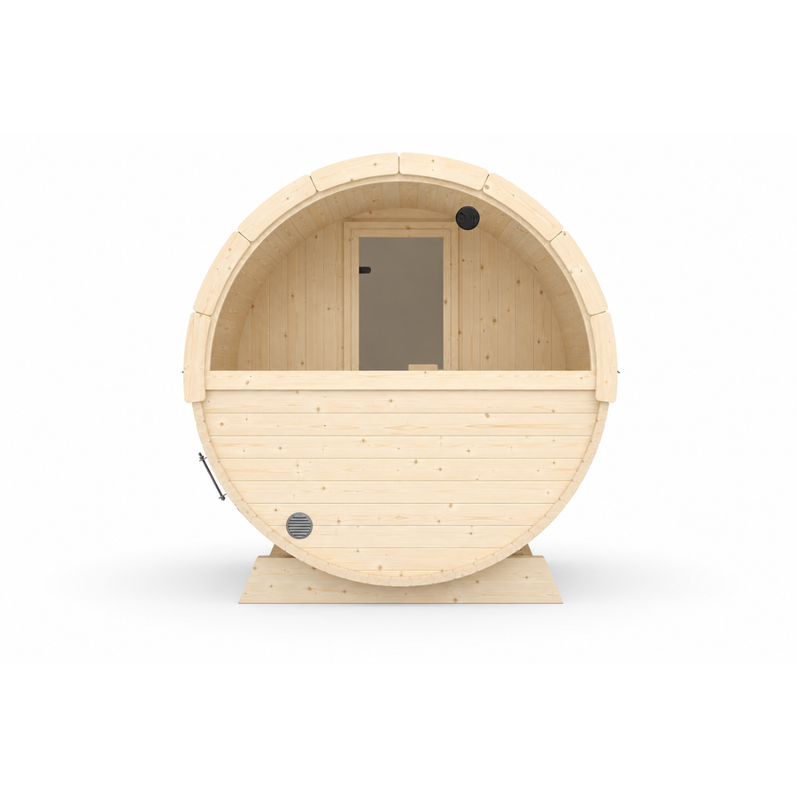 Terrace Barrel Sauna — Spruce Garden Sauna for Decking, 1.6m — spruce — back view 1