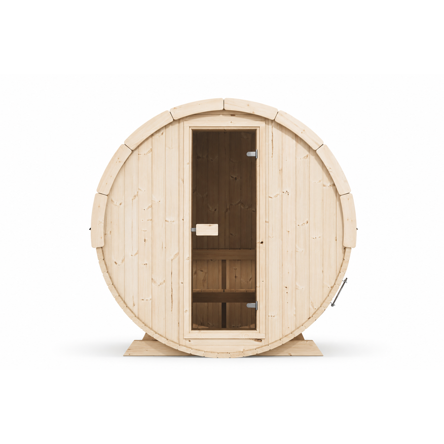 Terrace Barrel Sauna — Spruce Garden Sauna for Decking, 1.6m — spruce — front view 1