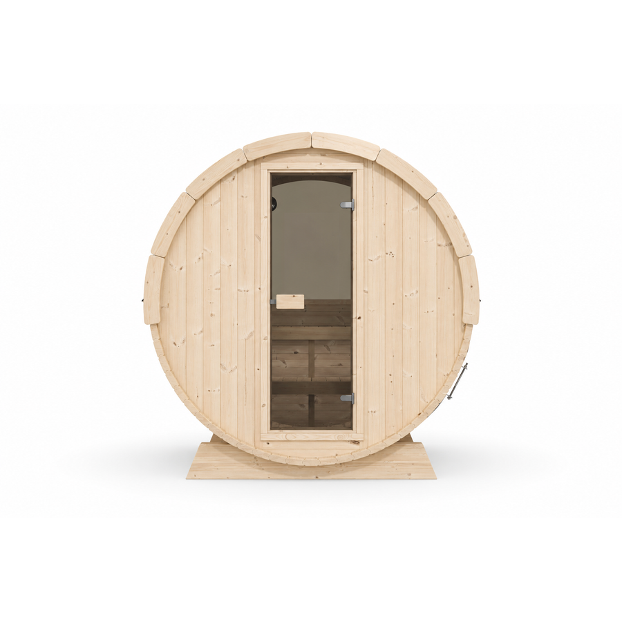 Terrace Barrel Sauna — Spruce Garden Sauna for Decking, 1.6m — spruce — front view 2