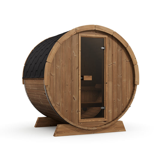 Terrace Barrel Sauna — Thermowood Garden Sauna for Decking, 1.6m — thermowood — angle view 1