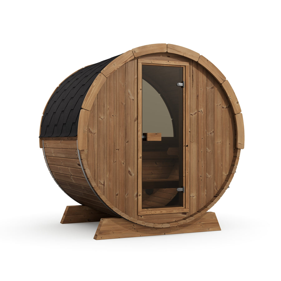 Terrace Barrel Sauna — Thermowood Garden Sauna for Decking, 1.6m — thermowood — angle view 2