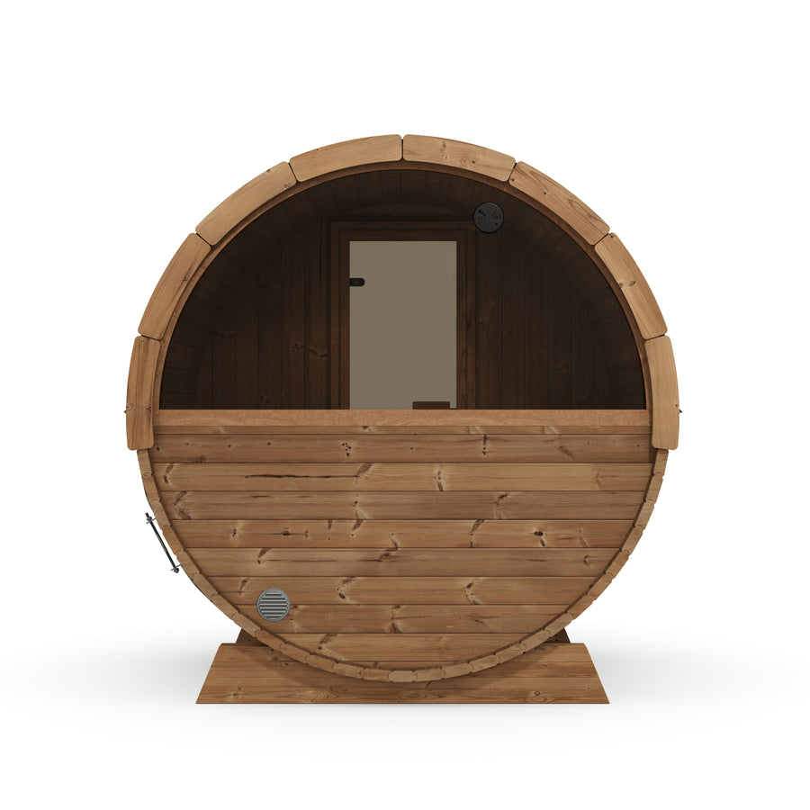 Terrace Barrel Sauna — Thermowood Garden Sauna for Decking, 1.6m — thermowood — back view 2