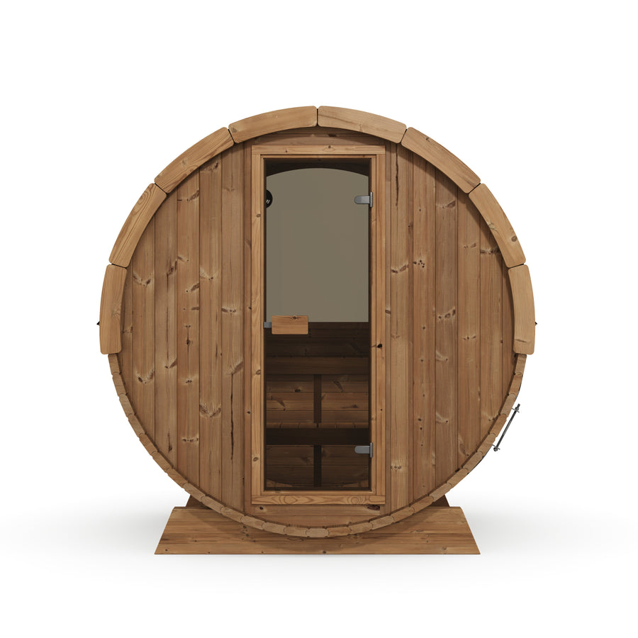 Terrace Barrel Sauna — Thermowood Garden Sauna for Decking, 1.6m — thermowood — front view 1